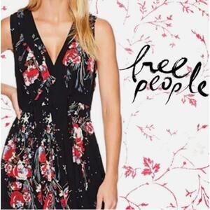 Free People Kimono Style Black Floral Wrap Tunic Blouse Button Close Boho Small